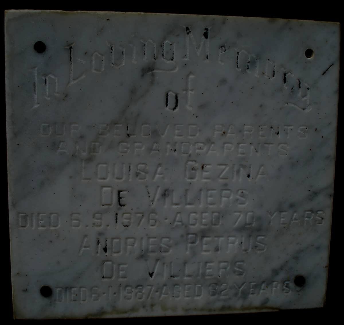 VILLIERS Andries Petrus, de -1987 &amp; Louisa Gezina -1976