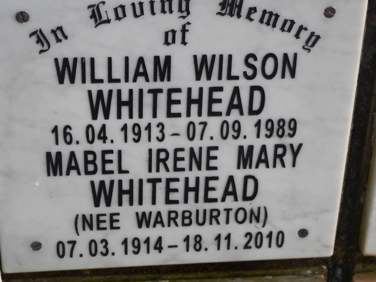 WHITEHEAD William Wilson 1913-1989 &amp; Mabel Irene Mary WARBURTON 1914-2010