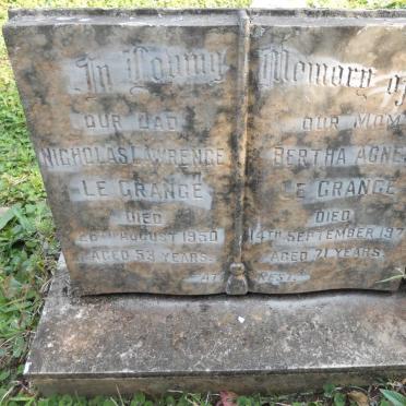 GRANGE Nicholas Lawrence, Le -1950 &amp; Bertha Agnes -1971