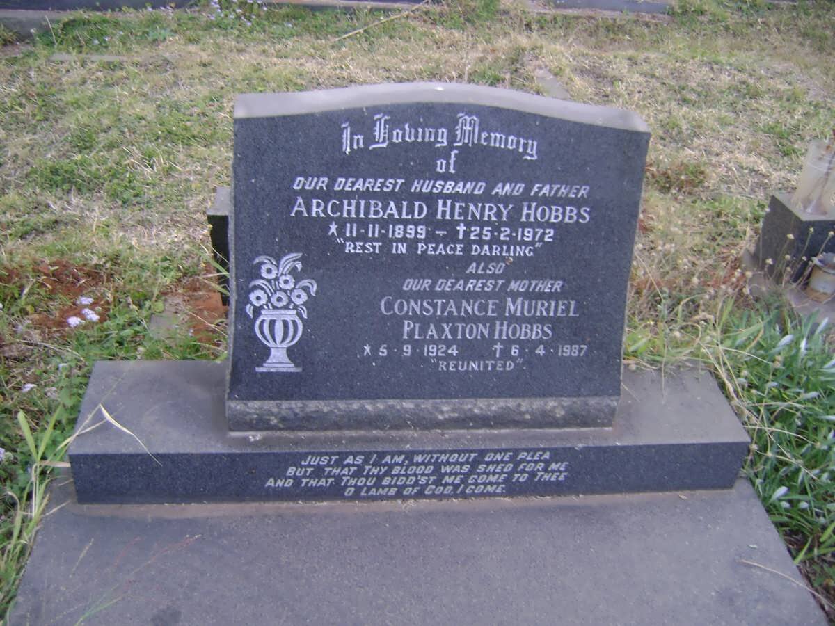 HOBBS Archibald Henry 1899-1972 &amp; Constance Muriel Plaxton 1924-1987