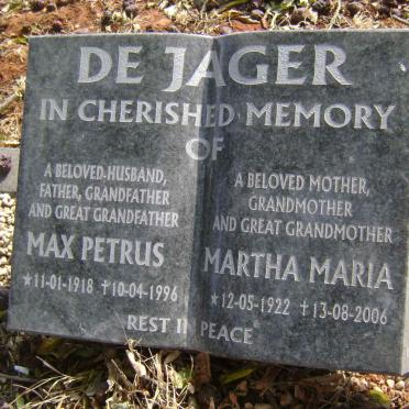 JAGER Max Petrus, de 1918-1996 &amp; Martha Maria 1922-2006