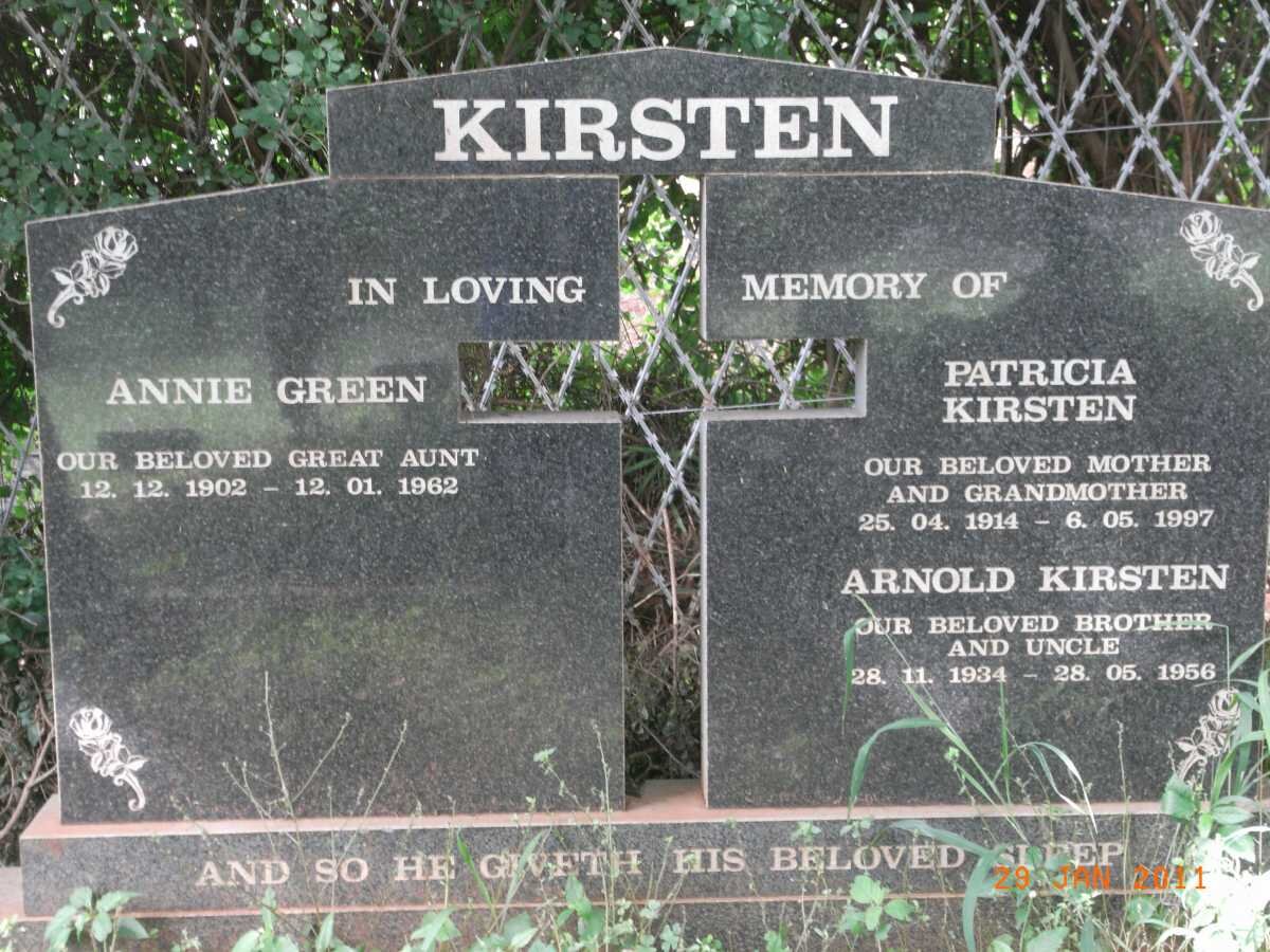 KIRSTEN Annie Green 1902-1962 :: KIRSTEN Patricia 1914-1997 :: KIRSTEN Arnold 1934-1956