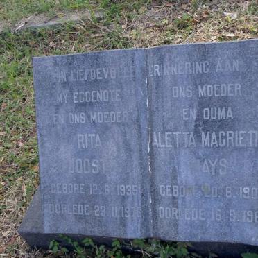 MAYS Aletta Magrietha 1901-1966 :: JOOSTE Rita 1935-1976