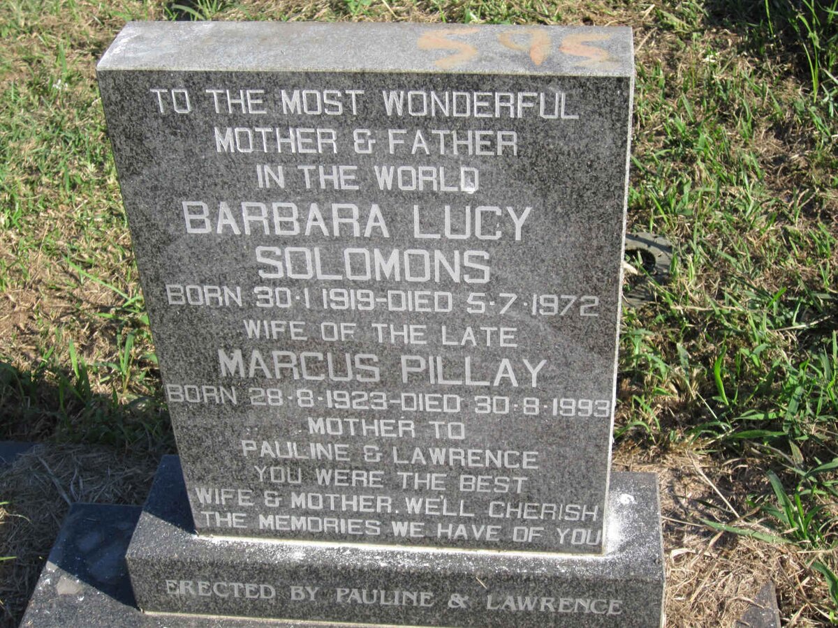 PILLAY Marcus 1923-1993 &amp; Barbara Lucy SOLOMONS 1919-1972