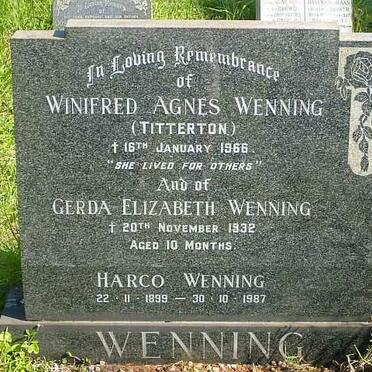 WENNING Harco 1899-1987 &amp; Winifred Agnes TITTERTON -1966 :: WENNING Gerda Elizabeth -1932