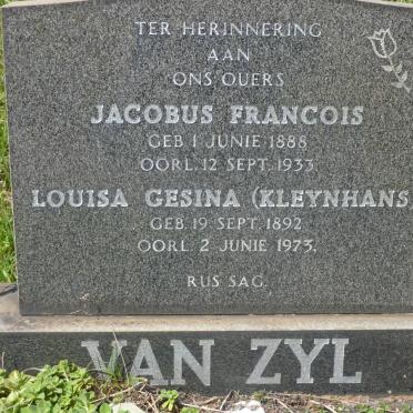 ZYL Jacobus Francois, van 1888-1933 &amp; Louisa Gesina KLEYNHANS 1892-1973