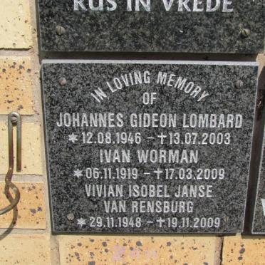 WORMAN Ivan 1919-2009 :: LOMBARD Johannes Gideon 1946-2003 :: JANSE VAN RENSBURG Vivian Isobel 1948-2009