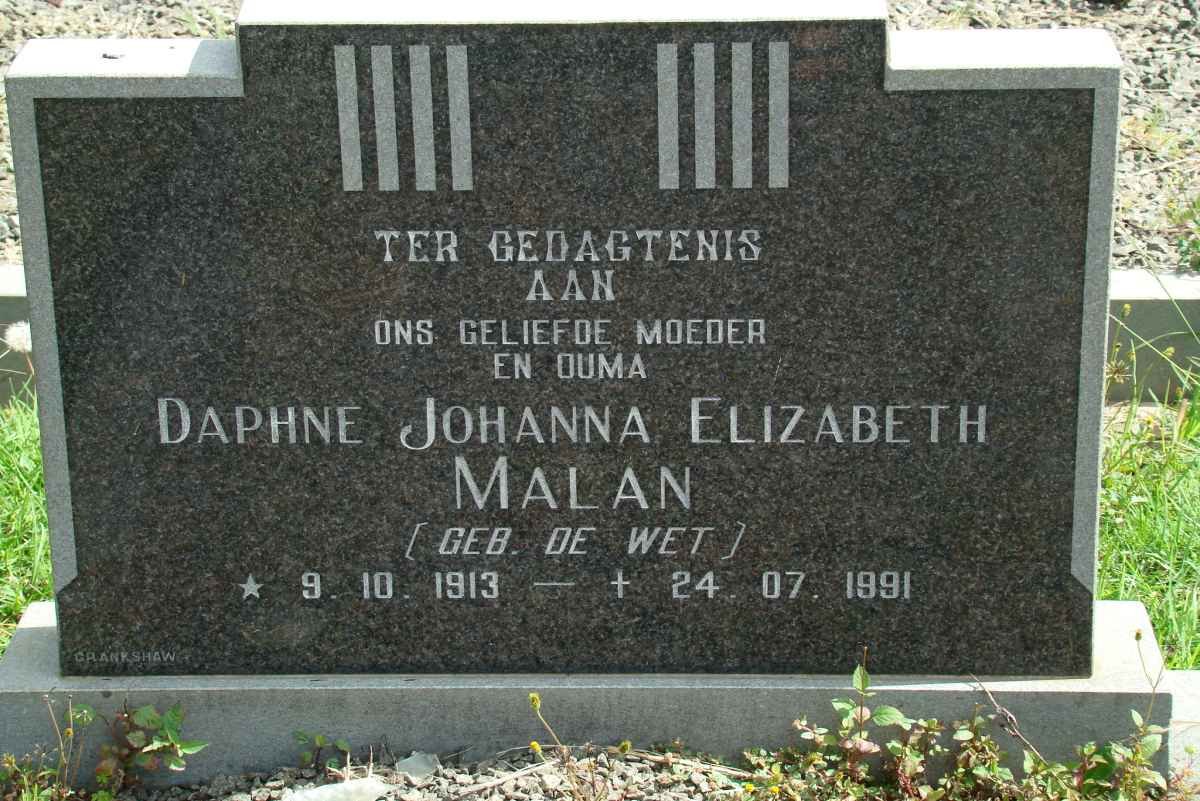 MALAN Daphne Johanna Elizabeth nee DE WET 1913-1991