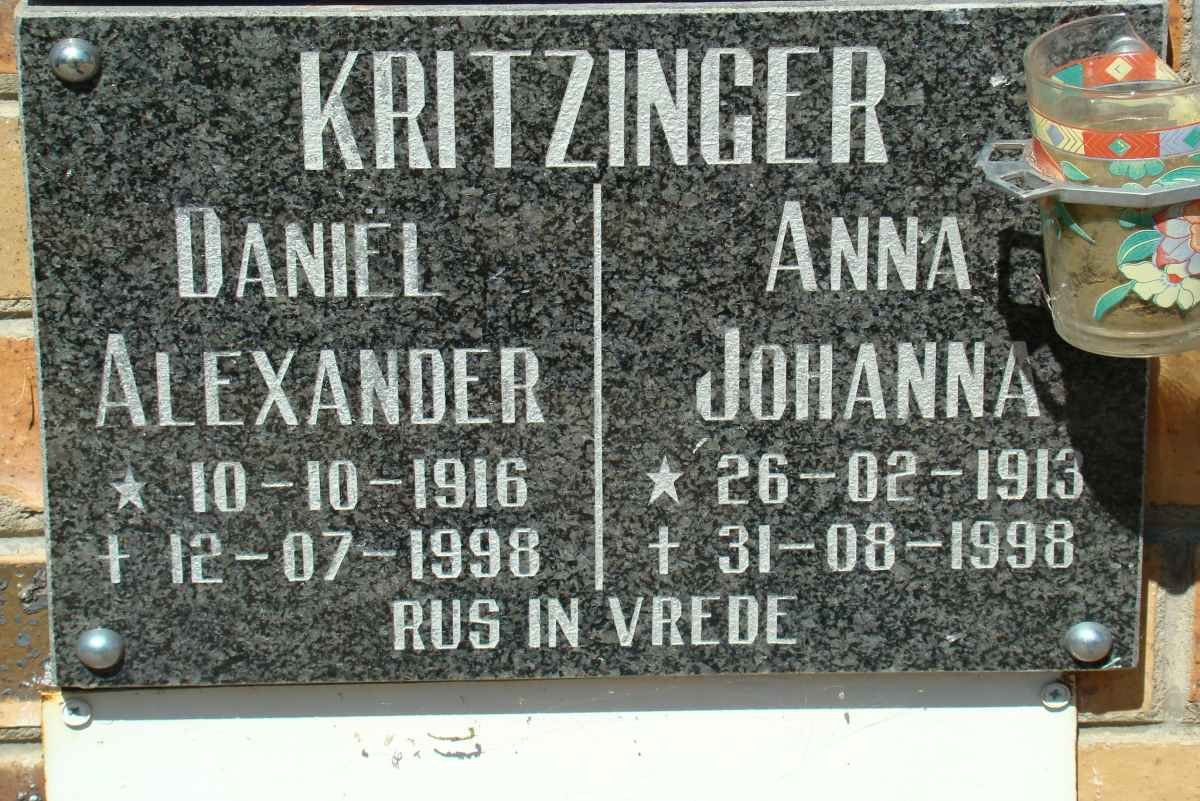 KRITZINGER Daniel Alexander 1916-1998 &amp; Anna Johanna 1913-1998