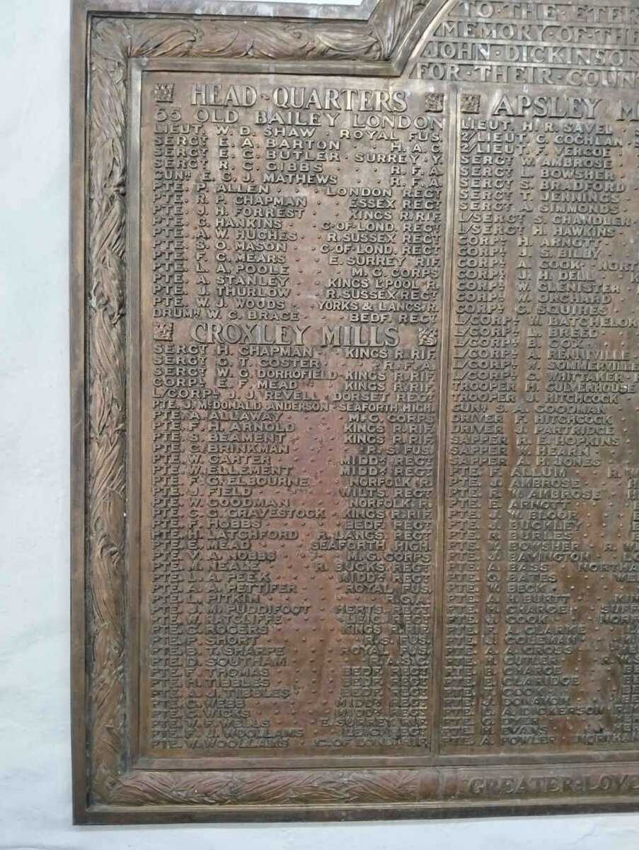 10. TO THE ETERNAL HONOUR AND UNDYING MEMORY OF THE GALLANT MEN OF THE HRM OF JOHN DICKINSON AND CO WHO GAVE THEIR LIVES FOR THEIR COUNTRY IN THE GREAT WAR 1914-1918_2