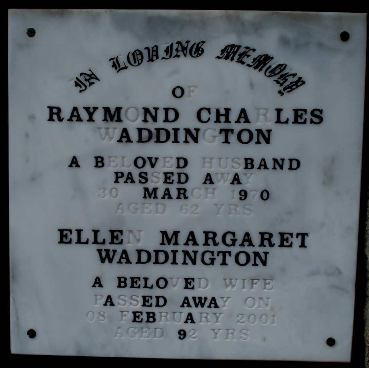 WADDINGTON Raymond Charles -1970 &amp; Ellen Margaret -2001