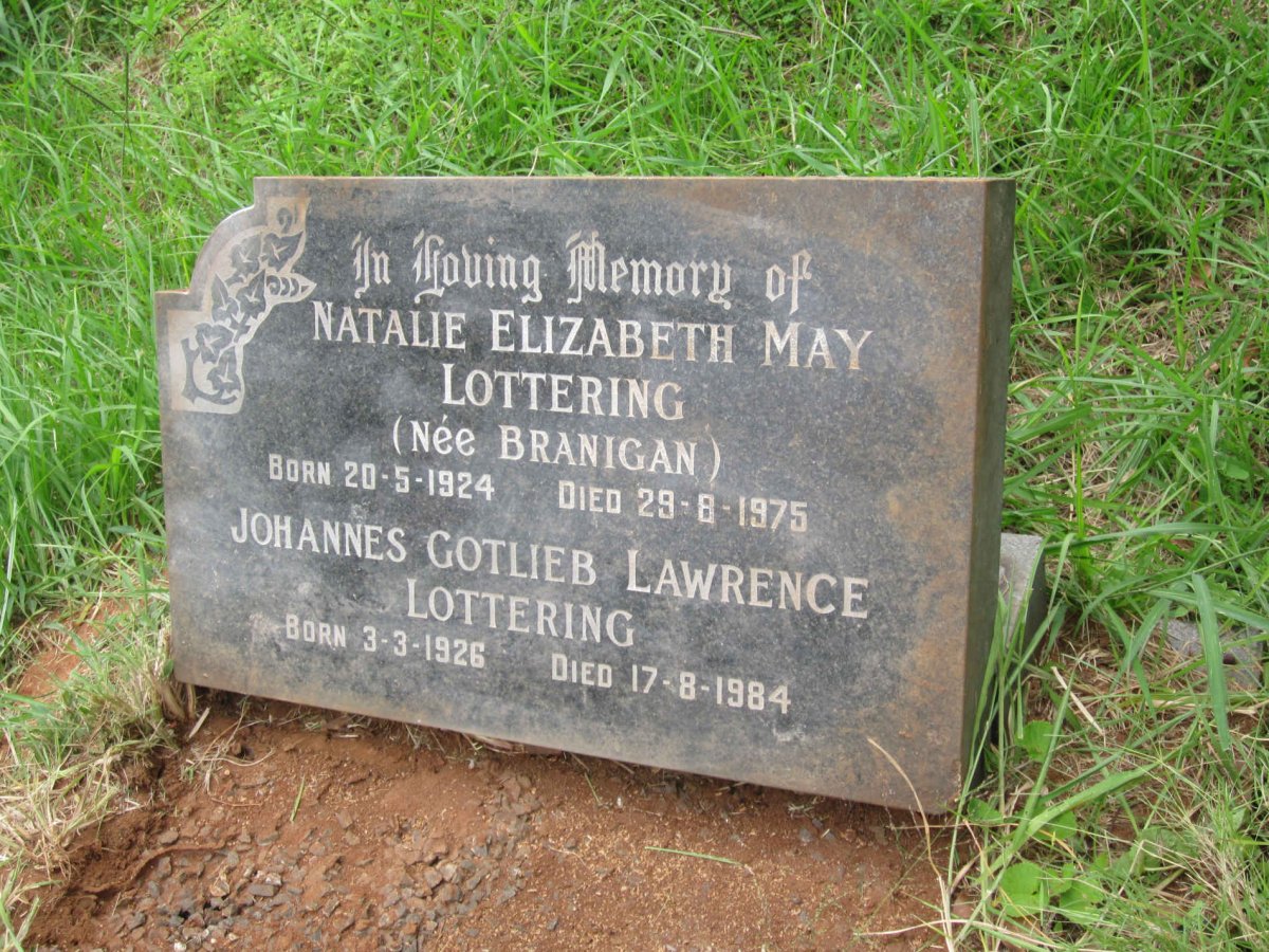 LOTTERING Johannes Gotlieb Lawrence 1926-1984 &amp; Natalie Elizabeth May BRANIGAN 1924-1975