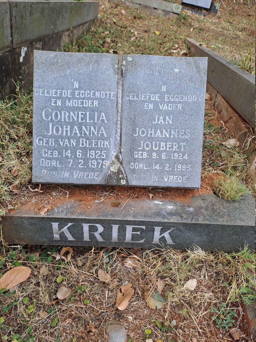 KRIEK Jan Johannes Joubert 1924-1995 & Cornelia Johanna VAN BLERK 1925-1979
