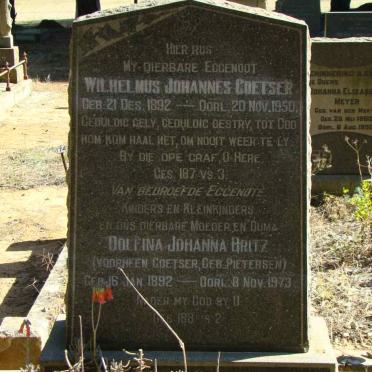 COETSER Wilhelmus Johannes 1892-1950 :: BRITZ Dolfina Johanna formerly COETSER nee PIETERSEN 1892-1973