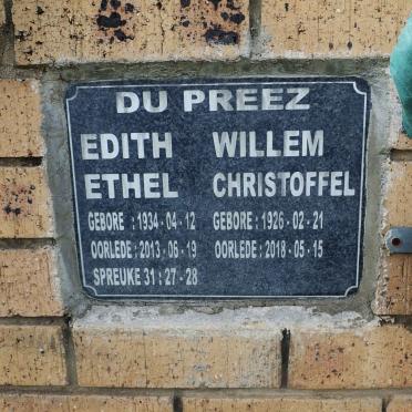 PREEZ Willem Christoffel, du 1926-2018 &amp; Edith Ethel 1934-2013