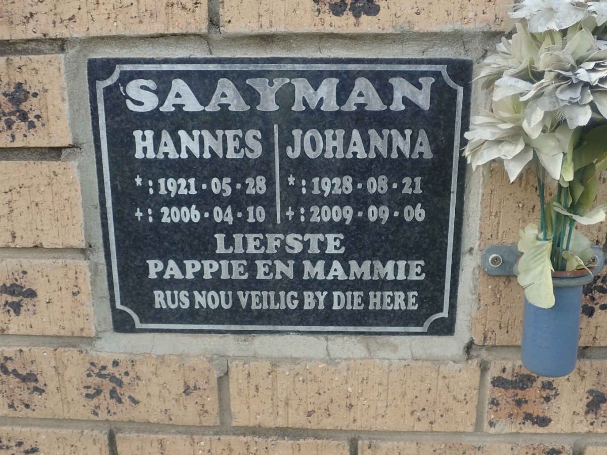 SAAYMAN Hannes 1921-2006 &amp; Johanna 1928-2009