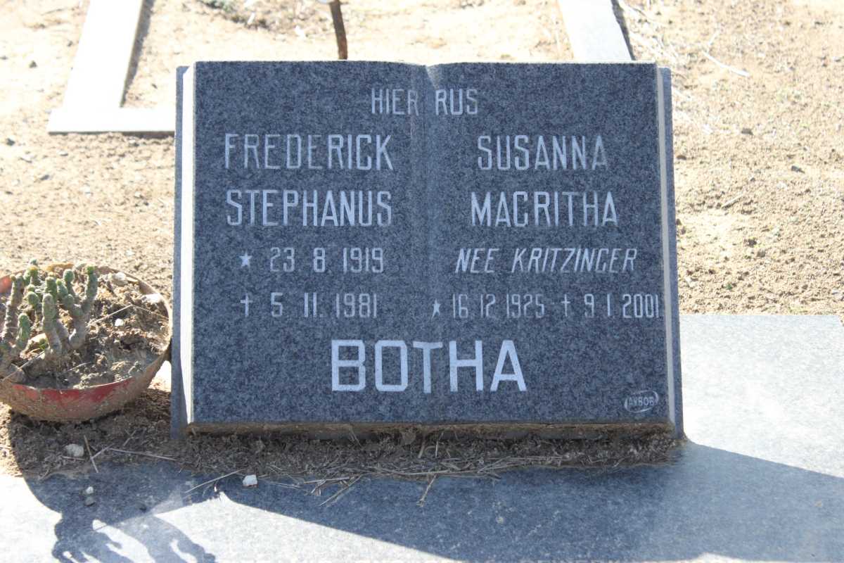 BOTHA Frederick Stephanus 1919-1981 &amp; Susanna Magritha KRITZINGER 1925-2001