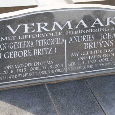 VERMAAK Andries Johannes Bruyns 1909-1975 &amp; Gertiena Petronella BRITZ 1915-2001