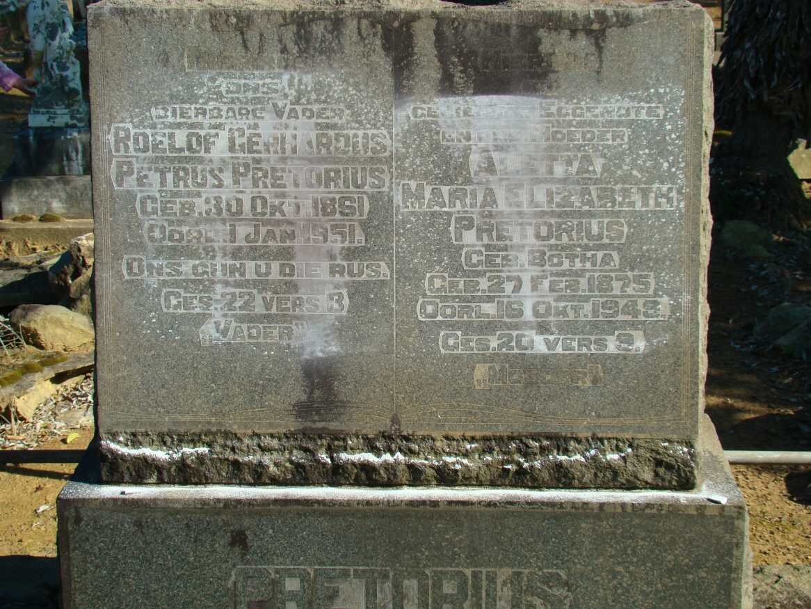 PRETORIUS Roelof Gerhardus Petrus 1861-1951 &amp; Maria Elizabeth BOTHA 1875-1948