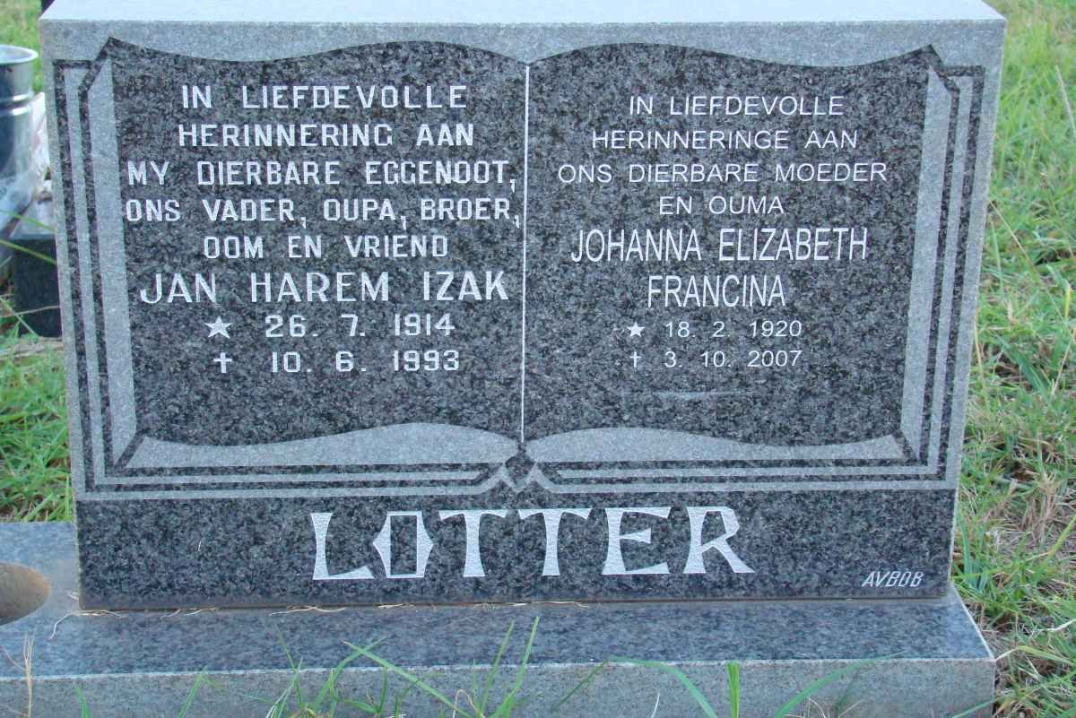 LOTTER Jan Harem Izak 1914-1993 &amp; Johanna Elizabeth Francina 1920-2007