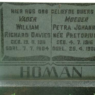 HOMAN William Richard Davies 1911-1984 &amp; Petra Johanna PRETORIUS 1916-1986