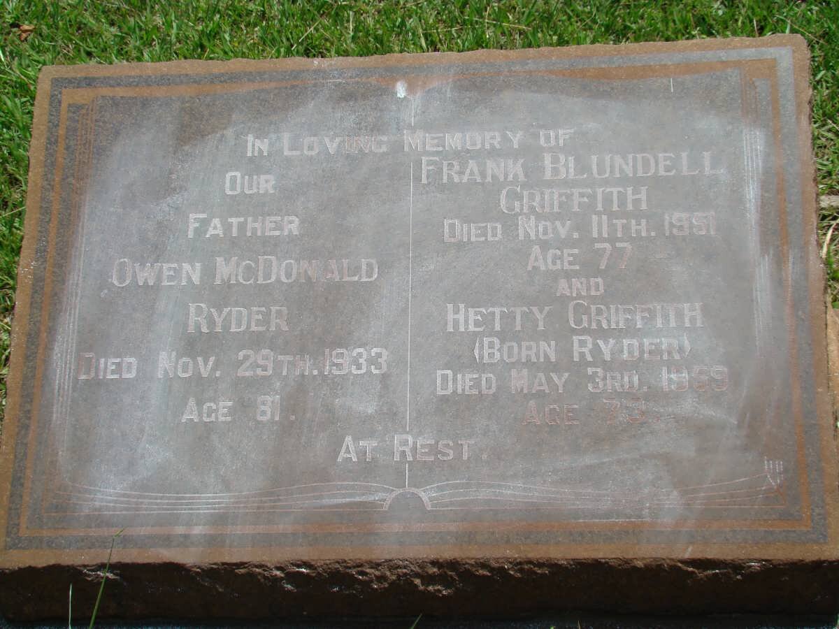 RYDER Owen McDonald -1933 :: GRIFFITH Frank Blundell -1951 &amp; Hetty RYDER -1959