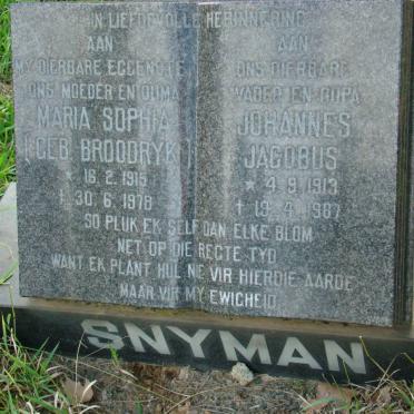SNYMAN Johannes Jacobus 1913-1987 &amp; Maria Sophia BROODRYK 1915-1978
