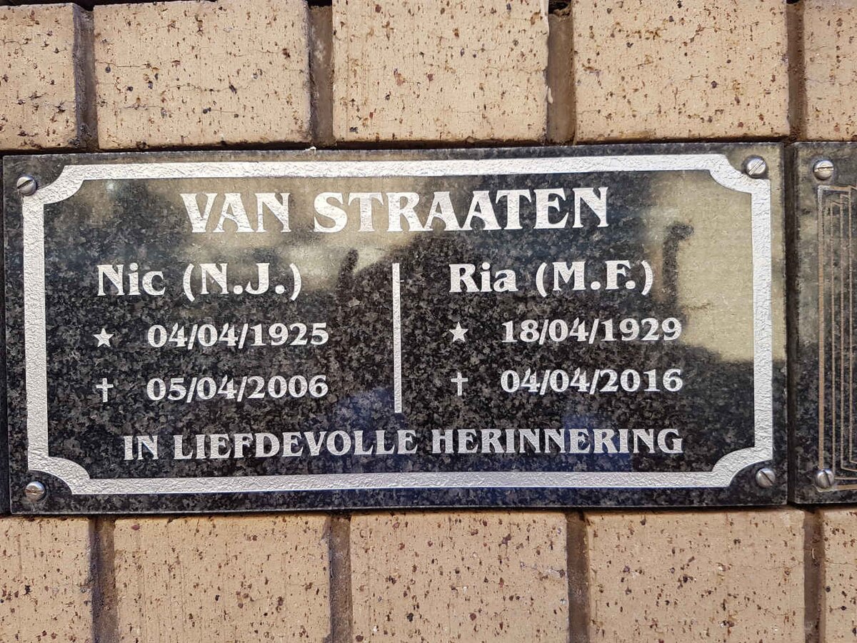STRAATEN N.J., van 1925-2006 &amp; M.F. 1929-2016