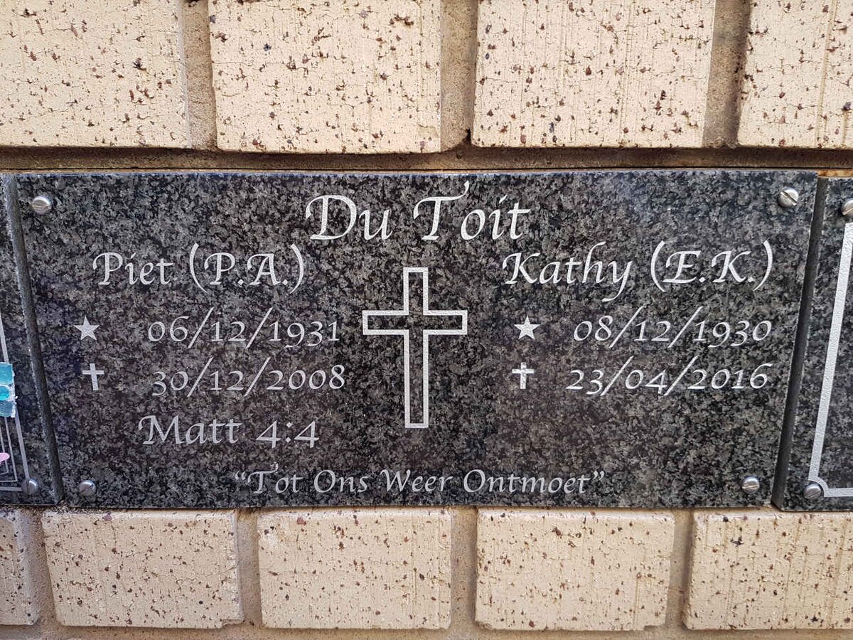 TOIT P.A., du 1931-2008 &amp; E.K. 1930-2016