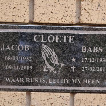 CLOETE Jacob 1932-2009 &amp; Babs 1934-2014