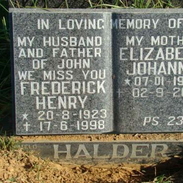 HALDER Frederick Henry 1923-1998 &amp; Elizabeth Johanna 1926-2002
