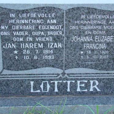 LOTTER Jan Harem Izak 1914-1993 &amp; Johanna Elizabeth Francina 1920-2007