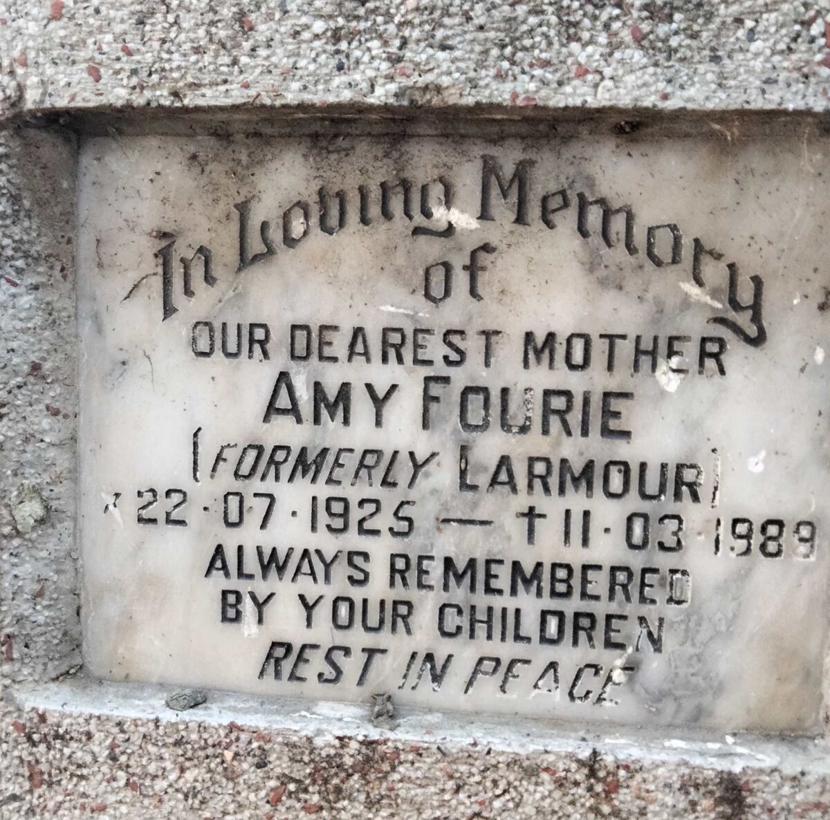 FOURIE Amy formerly LARMOUR 1925-1989