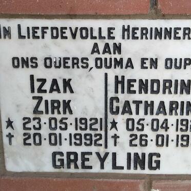 GREYLING Izak Zirk 1921-1992 & Hendrina Catharina 1927-1991