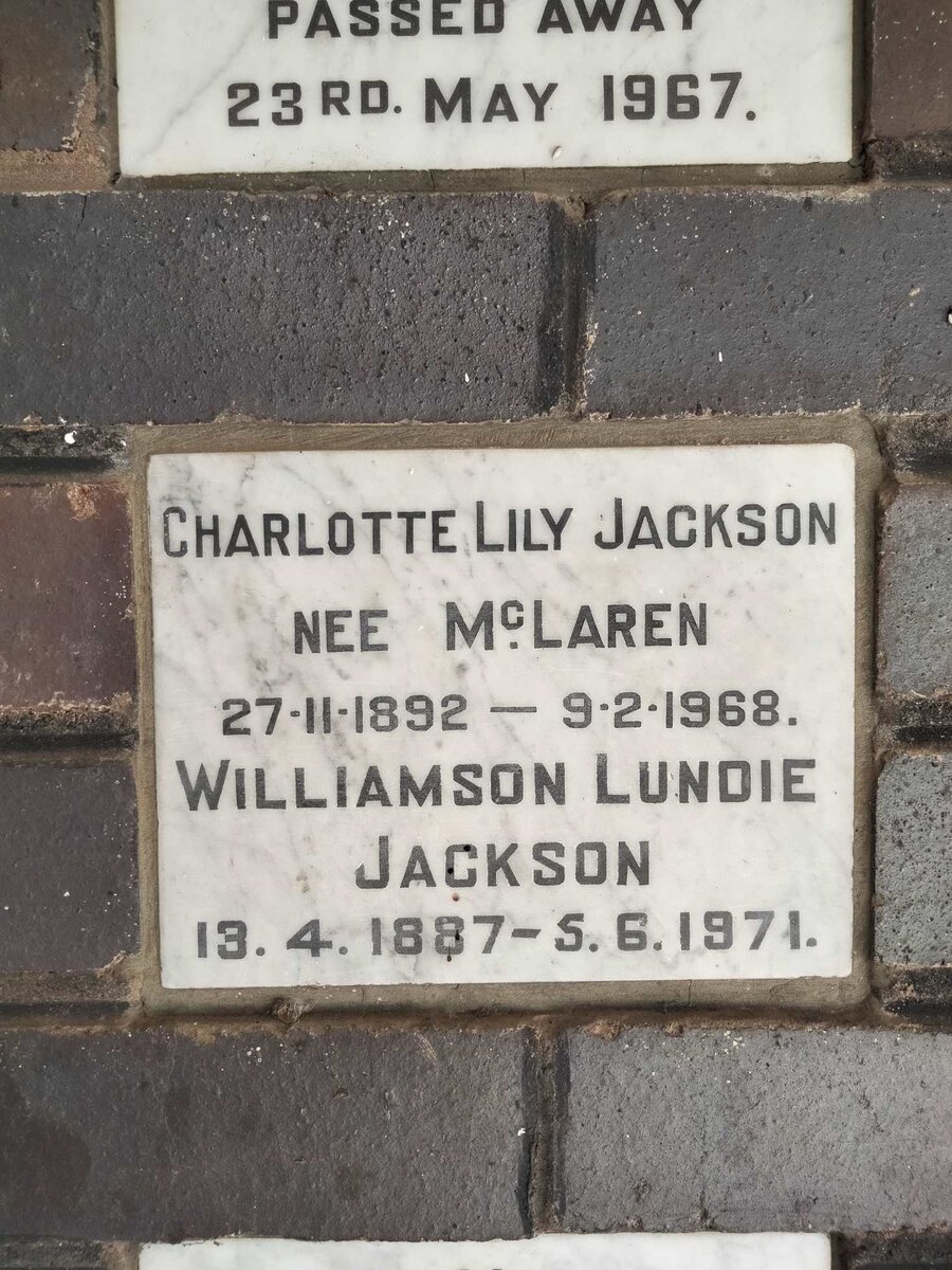 JACKSON Williamson Lundie 1887-1971 & Charlotte Lily MCLAREN 1892-1968
