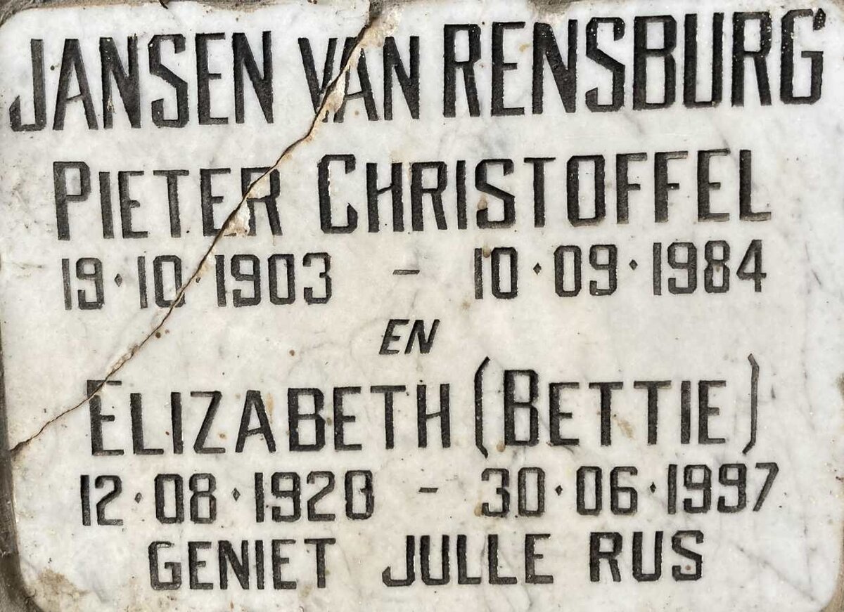 RENSBURG Pieter Christoffel, Jansen van 1903-1984 & Elizabeth 1920-1997