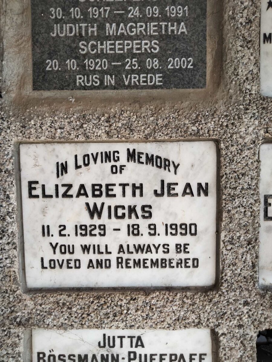 WICKS Elizabeth Jean 1929-1990