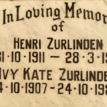 ZURLINDEN Henri 1911-1971 & Ivy Kate 1907-1984