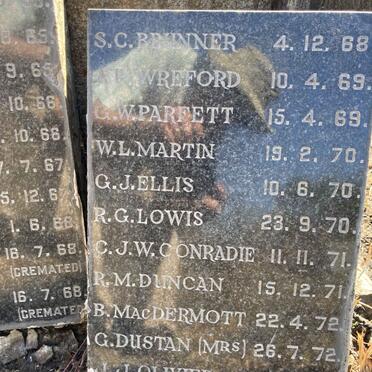 BRUNNER S.C. -1968 :: WREFORD A.P. -1969 :: PARFETT G.W. -1969 ::MARTIN W.L. -1970 :: ELLIS G.J. -1970 :: LOWIS R.G. -1970 :: CONRADIE C.J.W. 1971 :: DUNCAN R.M. -1971 :: MACDERMOTT B. -1972 :: DUSTAN G. (Mrs.) -1972 :: OLIVIER J.J. -1972