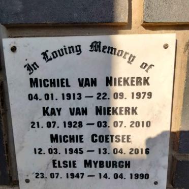 NIEKERK Michiel, van 1913-1979 &amp; Kay 1928-2010 :: COETSEE Michie 1945-2016 :: MYBURGH Elsie 1947-1990