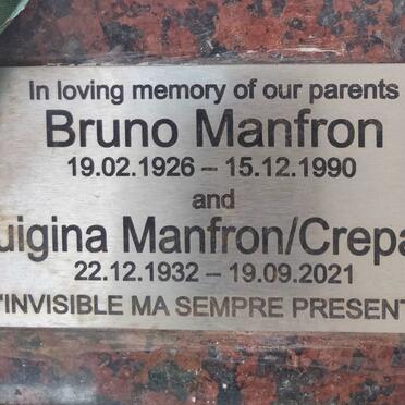 MANFRON Bruno 1926-1990 & Luigina CREPALDI 1932-2021