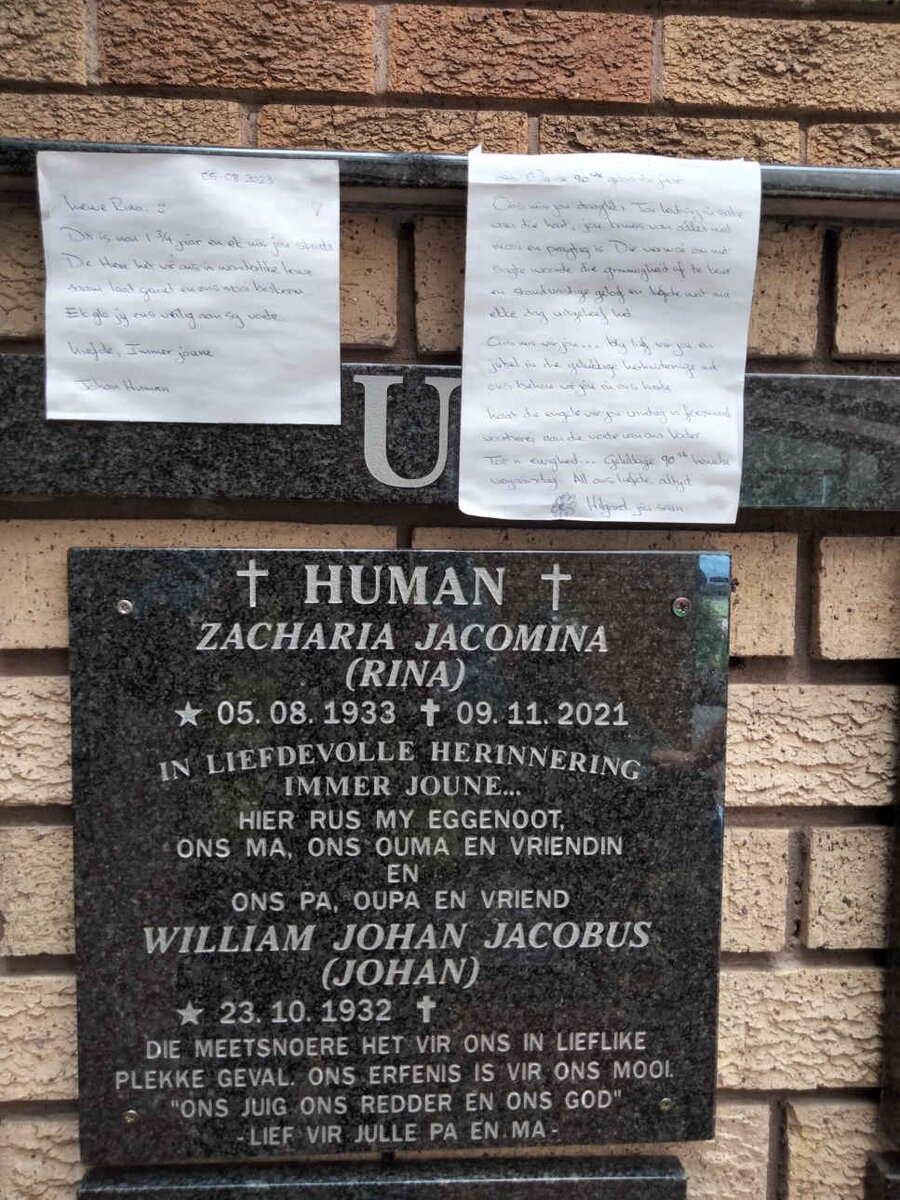 HUMAN William Johan Jacobus 1932- & Zacharia Jacomina 1933-2021