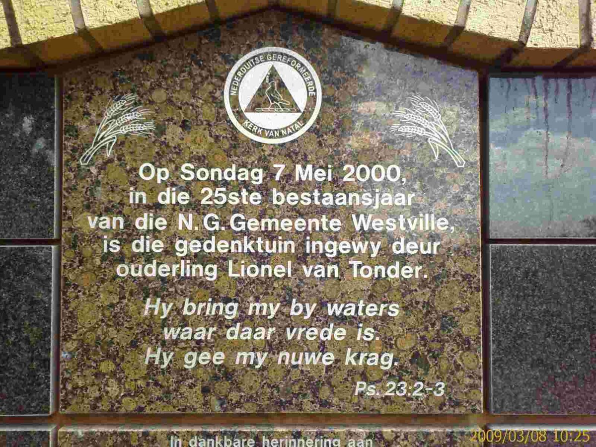 1. Gedenktuin ingewy 25/5/2001 deur ouderling Lionel van Tonder