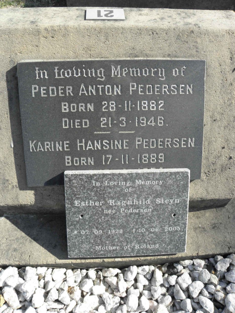 PEDERSEN Peder Anton 1882-1946 &amp; Karine Hansine 1889-? :: STEYN Esther Ragnhild nee PEDERSEN 1922-2005