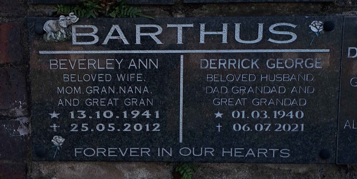 BARTHUS Derrick George 1940-2021 & Beverley Ann 1941-2012