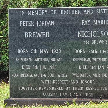 BREWER Peter Jordan 1928-1986 :: NICHOLSON Fay Marie nee BREWER 1924-2013