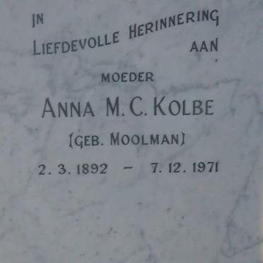 KOLBE Anna M.C. nee MOOLMAN 1892-1971