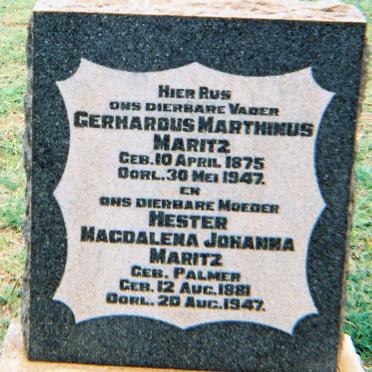 MARITZ Gerhardus Marthinus  1875-1947 &amp; Hester Magdalena Johanna PALMER 1881-1947