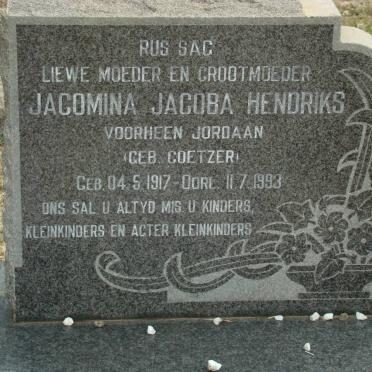 HENDRIKS Jacomina Jacoba formerly JORDAAN nee COETZER 1917-1993
