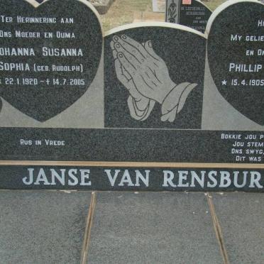 RENSBURG Phillip Rudolph, Janse van 1905-1975 &amp; Johanna Susanna Sophia RUDOLPH 1920-2005
